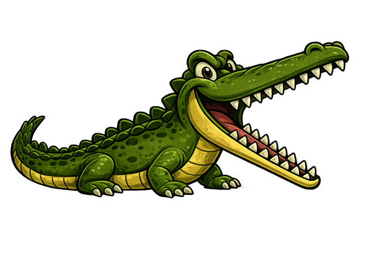 A cartoon alligator opening its mouth wide toward the larger number