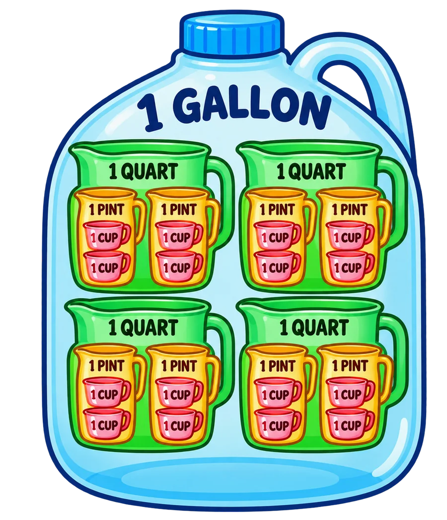A 1-gallon jug divided into 4 quart pitchers, each quart divided into 2 pint cups, and each pint divided into 2 measuring cups.